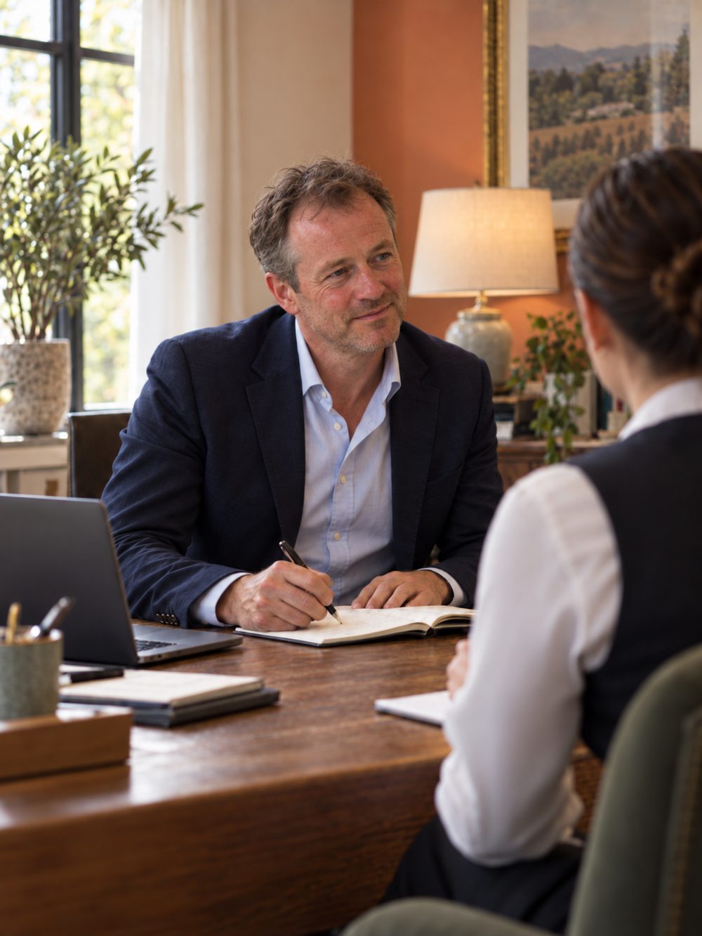 A man taking notes while speaking with a hotel team member across a desk.