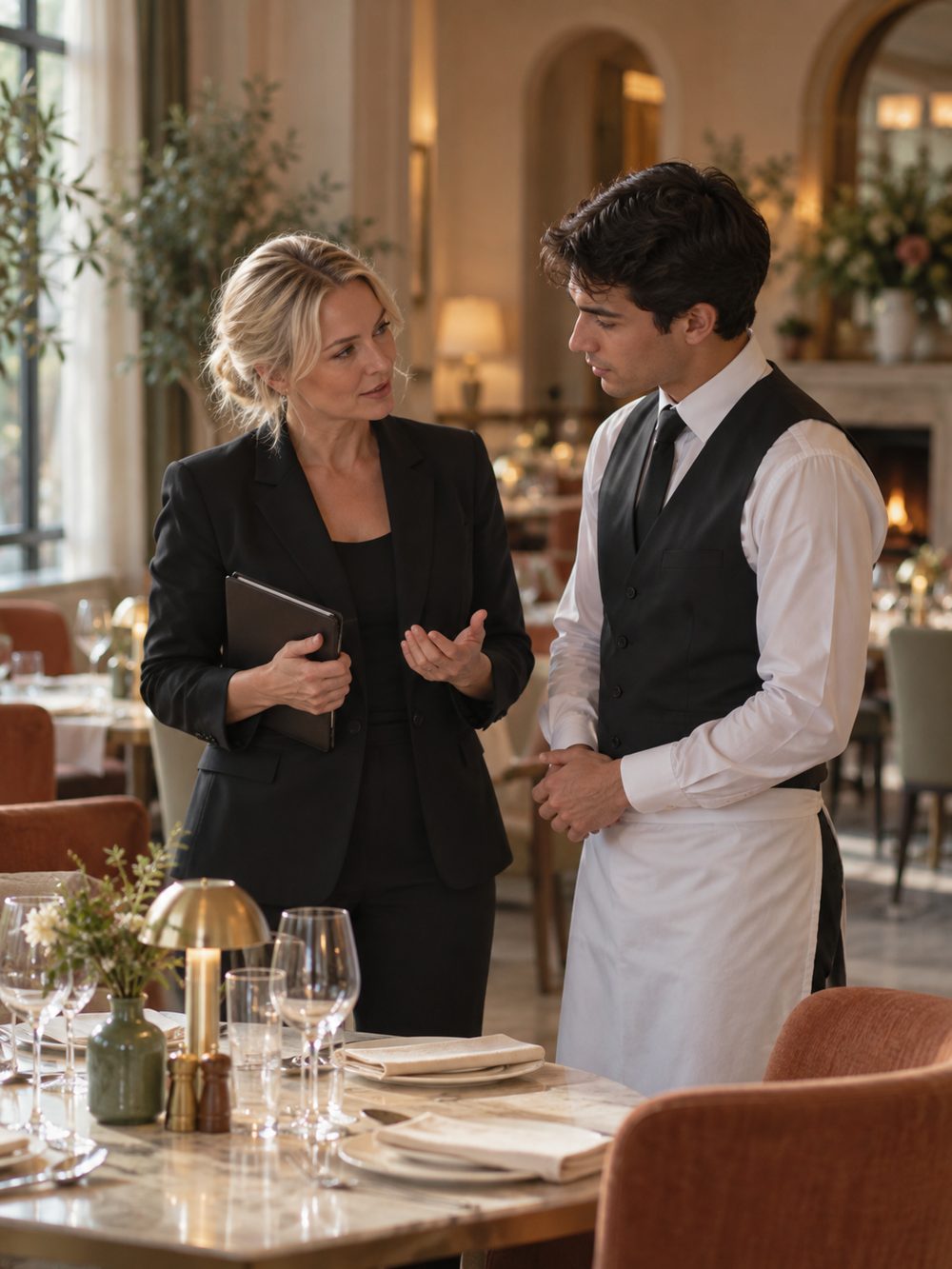 A woman holding a folder talks with a member of the restaurant team beside a set table.